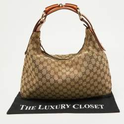 Pre Owned Gucci Beige/Brown GG Canvas and Leather Horsebit Handle Hobo