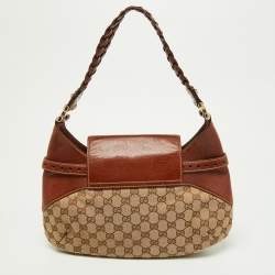 Pre Owned Gucci Brown/Beige GG Canvas and Leather Horsebit Flap Hobo