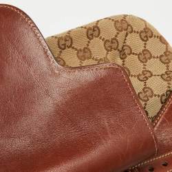 Pre Owned Gucci Brown/Beige GG Canvas and Leather Horsebit Flap Hobo