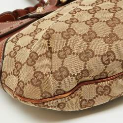 Pre Owned Gucci Brown/Beige GG Canvas and Leather Horsebit Flap Hobo