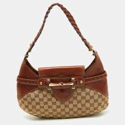 Pre Owned Gucci Brown/Beige GG Canvas and Leather Horsebit Flap Hobo