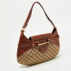 Pre Owned Gucci Brown/Beige GG Canvas and Leather Horsebit Flap Hobo