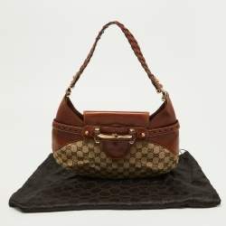 Pre Owned Gucci Brown/Beige GG Canvas and Leather Horsebit Flap Hobo