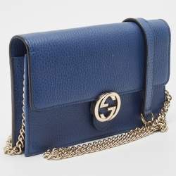 Pre Owned Gucci Blue Leather Interlocking G Dollar Chain Wallet