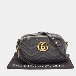 Pre Owned Gucci Black Matelassé Leather Small GG Marmont Camera Bag