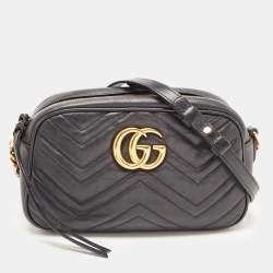 Pre Owned Gucci Black Matelassé Leather Small GG Marmont Camera Bag