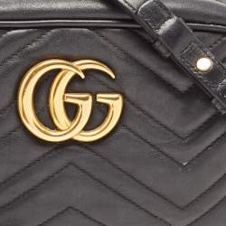 Pre Owned Gucci Black Matelassé Leather Small GG Marmont Camera Bag