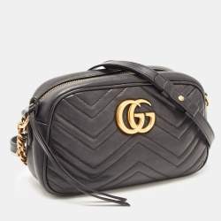 Pre Owned Gucci Black Matelassé Leather Small GG Marmont Camera Bag