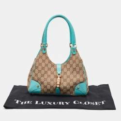 Pre Owned Gucci Beige/Turquoise GG Canvas and Leather Jackie O Hobo