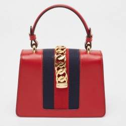 Pre Owned Gucci Red Leather Mini Web Chain Sylvie Top Handle Bag