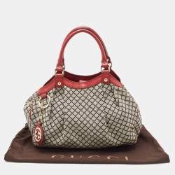 Pre Owned Gucci Burgundy/Beige Diamond Canvas and Leather Medium Sukey Tote