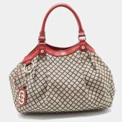 Pre Owned Gucci Burgundy/Beige Diamond Canvas and Leather Medium Sukey Tote