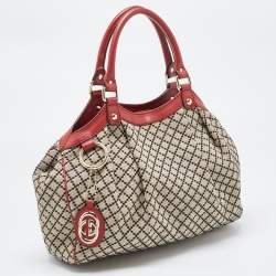 Pre Owned Gucci Burgundy/Beige Diamond Canvas and Leather Medium Sukey Tote
