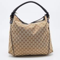 Pre Owned Gucci Beige/Black GG Canvas and Leather Hobo