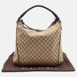 Pre Owned Gucci Beige/Black GG Canvas and Leather Hobo