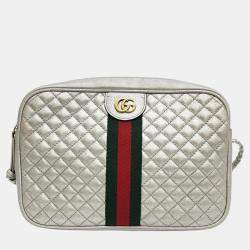 Pre Owned Gucci Silver Leather Quilted Web Cross Bag (541051)