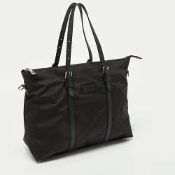 Pre Owned Gucci Black GG Nylon and Leather Top Zip Tote
