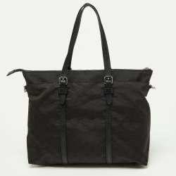 Pre Owned Gucci Black GG Nylon and Leather Top Zip Tote