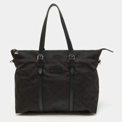 Pre Owned Gucci Black GG Nylon and Leather Top Zip Tote