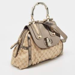 Pre Owned Gucci Beige/Metallic GG Canvas and Leather Pop Bamboo Top Handle Bag