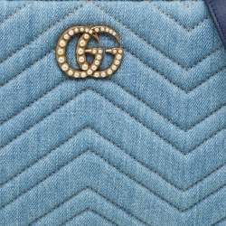Pre Owned Gucci Blue Matelassé Denim and Leather Small GG Marmont Tote