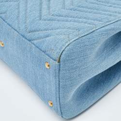 Pre Owned Gucci Blue Matelassé Denim and Leather Small GG Marmont Tote