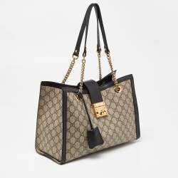 Pre Owned Gucci Beige/Black GG Supreme Canvas and Leather Medium Padlock Tote