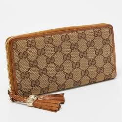 Gucci Beige GG Canvas and Leather Tassel Zip Around Wallet