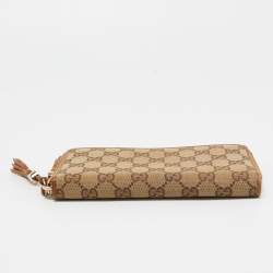 Gucci Beige GG Canvas and Leather Tassel Zip Around Wallet