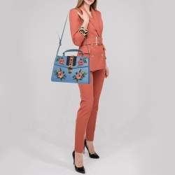 Pre Owned Gucci Blue Floral Embroidered Leather Medium Sylvie Top Handle Bag