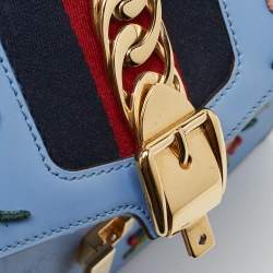 Pre Owned Gucci Blue Floral Embroidered Leather Medium Sylvie Top Handle Bag