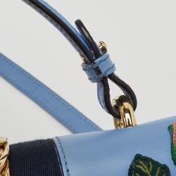 Pre Owned Gucci Blue Floral Embroidered Leather Medium Sylvie Top Handle Bag