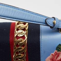 Pre Owned Gucci Blue Floral Embroidered Leather Medium Sylvie Top Handle Bag