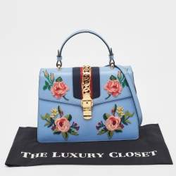 Pre Owned Gucci Blue Floral Embroidered Leather Medium Sylvie Top Handle Bag