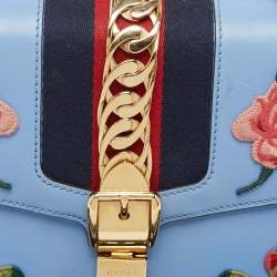 Pre Owned Gucci Blue Floral Embroidered Leather Medium Sylvie Top Handle Bag