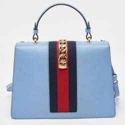 Pre Owned Gucci Blue Floral Embroidered Leather Medium Sylvie Top Handle Bag