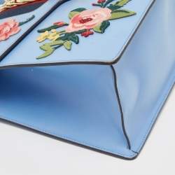 Pre Owned Gucci Blue Floral Embroidered Leather Medium Sylvie Top Handle Bag