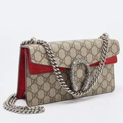 Pre Owned Gucci Beige/Red GG Supreme Canvas and Suede Small Rectangular Dionysus Shoulder Bag