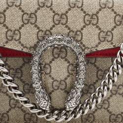 Pre Owned Gucci Beige/Red GG Supreme Canvas and Suede Small Rectangular Dionysus Shoulder Bag