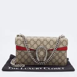 Pre Owned Gucci Beige/Red GG Supreme Canvas and Suede Small Rectangular Dionysus Shoulder Bag