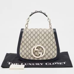 Pre Owned Gucci Navy Blue/Beige GG Supreme Canvas and Leather Blondie Top Handle Bag