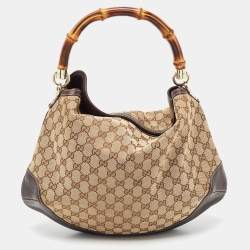 Pre Owned Gucci Beige/Ebony GG Canvas and Leather Bamboo Shoulder Bag