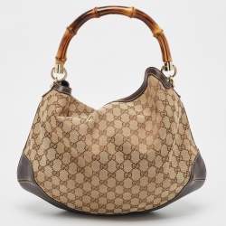Pre Owned Gucci Beige/Ebony GG Canvas and Leather Bamboo Shoulder Bag