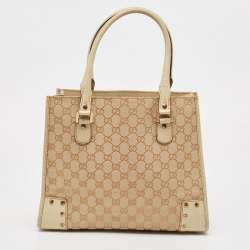 Pre Owned Gucci Beige/Cream GG Canvas and Leather Studded Tote