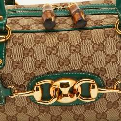 Gucci Beige/Green GG Canvas and Leather Wave Boston Bag