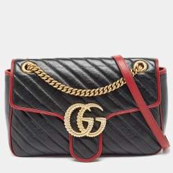 Gucci Black/Red Diagonal Quilt Leather Medium GG Marmont Torchon Shoulder Bag