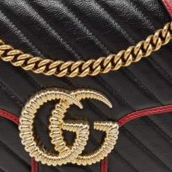 Gucci Black/Red Diagonal Quilt Leather Medium GG Marmont Torchon Shoulder Bag