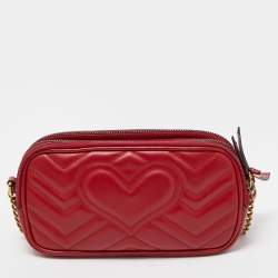 Gucci Red Matelassé Leather Mini GG Marmont Chain Crossbody Bag