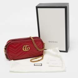 Gucci Red Matelassé Leather Mini GG Marmont Chain Crossbody Bag