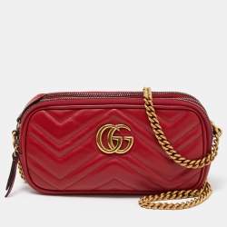 Gucci Red Matelassé Leather Mini GG Marmont Chain Crossbody Bag
